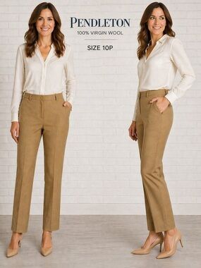 Pendleton 100% Virgin Wool Pants Petite 10 Tan Straight Leg Dress Pants USA